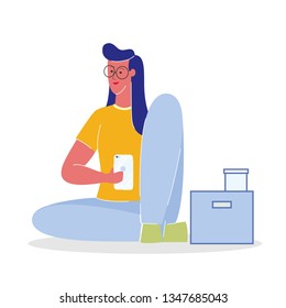 Woman with Smartphone Flat Vector Illustration. Smart Geek Student in Glasses. Female Character Sitting on Floor. Teenager with Blue Hair Using Social Networks. Freelancer Cartoon Clipart