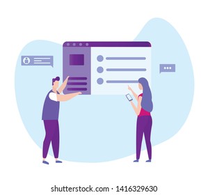 Woman with Smartphone in Hand. Man Show on Monitor. Distance Learning. Lesson Online. E-Learning. Online Training. Vector Illustration. Getting Diploma. Sign Contract. Achive Goal. Remote Access.