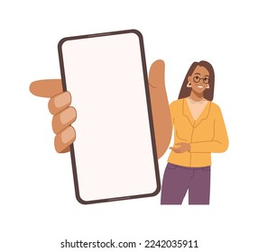 Woman with smartphone in hand show empty display. Girl with cellphone or mobile phone in hand of caucasian character, female person hold screen showing something, vector illustration