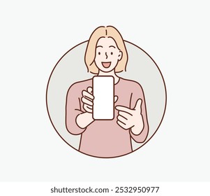 Mujer con el smartphone en la mano muestra la pantalla vacía. Ilustraciones de diseño de Vector de estilo dibujado a mano.