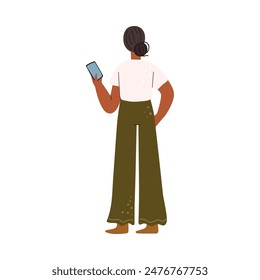 Woman with smartphone in hands, pretty girl isolated flat cartoon character. Vector girlfriend in modern outfit with phone, trendy teenager or office worker, museum visitor vector illustration