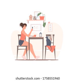 Woman with smartphone having breakfast with cat vector illustration. Modern female enjoying hot beverage and using smartphone while sitting at table and having breakfast with cat in morning at home
