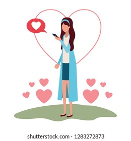 woman with smartphone and heart character