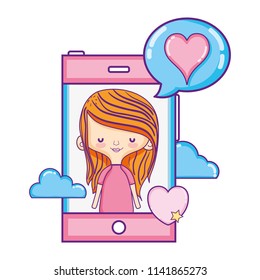 woman with smartphone and heart inside chat bubble