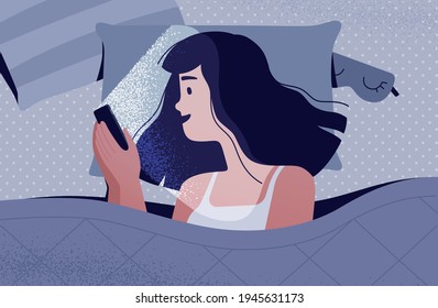 A woman with a smartphone in her hands lies on the bed in the dark. The light from the phone dazzles her face and hurts her eyes. Gadget addiction concept