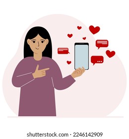 A woman with a smartphone in his hand. The concept of correspondence, communication, social networks. Lots of hearts. Vector flat illustration