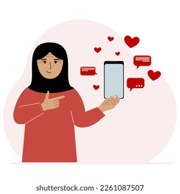 A woman with a smartphone in his hand. The concept of correspondence, communication, social networks. Lots of hearts. Vector flat illustration