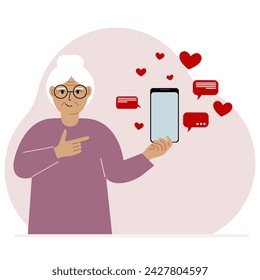 A woman with a smartphone in his hand. The concept of correspondence, communication, social networks. Lots of hearts.