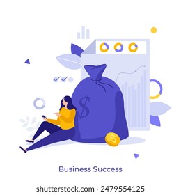 Mujer con el smartphone apoyado en el bolso del dinero Grande. Ricos beneficios empresariales. Concepto de éxito de negocio Ilustración vectorial plana. Composición de color de personajes de dibujos animados de desarrollo de empresa comercial