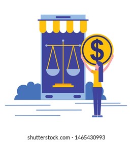 woman smartphone money online shopping vector illustration