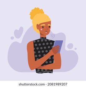 Woman with smartphone. New social networks, graphic elements for site. Character records voice message for friend, chatting on Internet. Digital world, gadget. Cartoon flat vector illustration