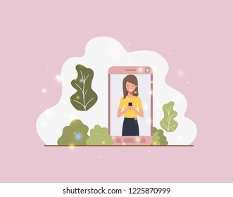 woman in smartphone on landscape