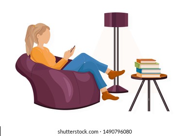 Woman with a smartphone on the sofa Vector flat style. Texting messages or playing games. Leisure lifestyle