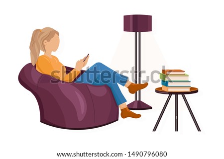 Woman with a smartphone on the sofa Vector flat style. Texting messages or playing games. Leisure lifestyle