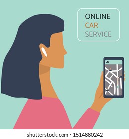 Woman with smartphone ordering a taxi by online car service. Car sharing concept for banner, web, mobile application, poster. Flat colorful vector illustration