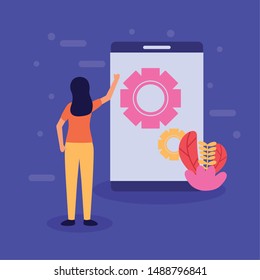 woman with smartphone progress teamwork vector illustration