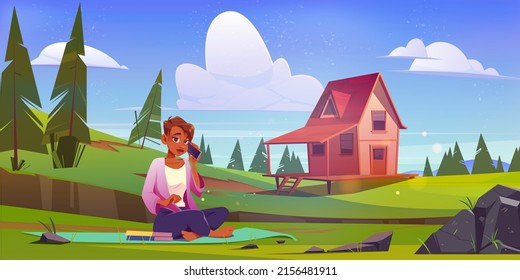 Woman with smartphone relax on summer nature landscape with wooden stilt house on lawn. Cartoon female character enjoying outdoor recreation at meadow with countryside cottage, Vector illustration