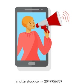 Woman in smartphone screen. Woman holding loudspeaker or bullhorn. Vector illustration in flat style.