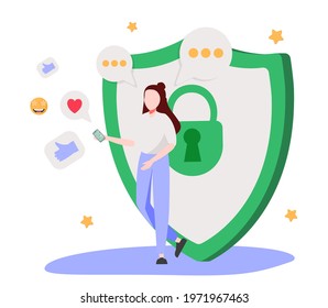 Woman with smartphone sending and receiving messages. Concept of mobile application for secure instant messaging, online chatting and data protection. Modern flat vector illustration for poster,banner