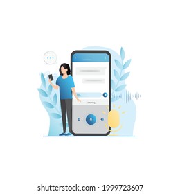 Woman in smartphone sends voice messages, letters in correspondence on website, application in social networks. Online sound recording with microphone, sending audio. Modern concept of communication. svg
