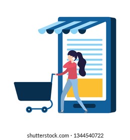 woman with smartphone and shopping cart