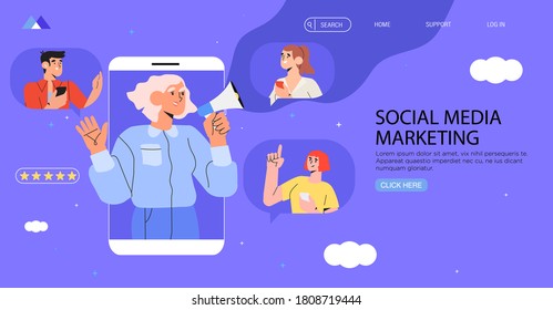 Woman In Smartphone Shouting In Loud Speaker. Influencer Or Social Marketing Banner, Flyer, Web Page. Social Media Account Promotion, Audience Or Followers Growth. People Hold Mobile Phones And Chat.