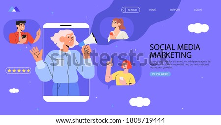 Woman in smartphone shouting in loud speaker. Influencer or social marketing banner, flyer, web page. Social media account promotion, audience or followers growth. People hold mobile phones and chat.