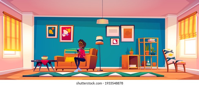 Woman with smartphone sitting on sofa at home. African american girl with mobile phone in hand relaxing on couch reading electronics book or messaging in social networks Cartoon vector illustration