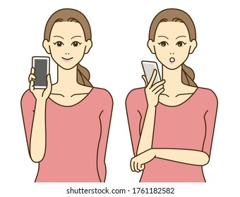 A woman with a smartphone. Smiling woman. Surprising look. Simple illustration.