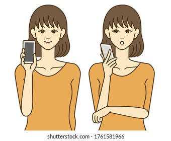 
A woman with a smartphone. Smiling woman. Surprising look. Simple illustration.