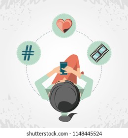 woman with smartphone social media icons