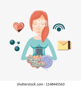 woman with smartphone social media icons