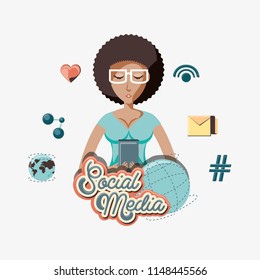 woman with smartphone social media icons