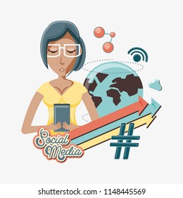 woman with smartphone social media icons