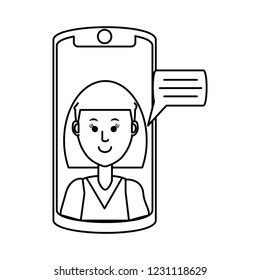 woman in smartphone with speech bubble