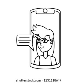 woman in smartphone with speech bubble