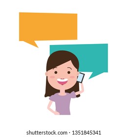 woman with smartphone and speech bubble character