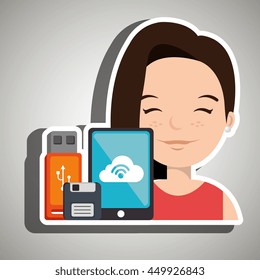 woman with smartphone and storage devices  isolated icon design, vector illustration  graphic 