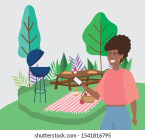 woman with smartphone tablet grill food blanket picnic vector illustration