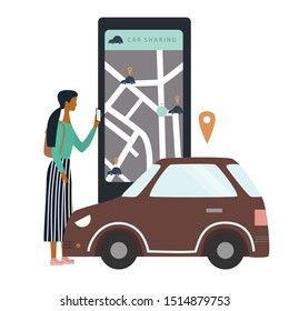 Woman with smartphone take a car by online city car sharing service. Mobile transportation concept for banner, background, web, mobile application, poster. Flat colorful vector illustration.