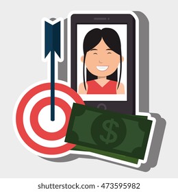 woman smartphone target money bills vector illustration eps 10