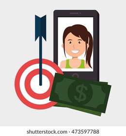 woman smartphone target money bills vector illustration eps 10