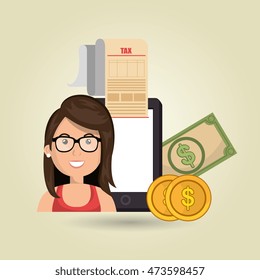 woman smartphone taxes money vector illustration eps 10