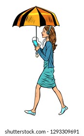 woman with smartphone and umbrella. Pop art retro vector illustration vintage kitsch