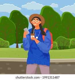 Woman with smartphone is writing email, texting on park background. Female character using mobile device to chat online. Young girl is chatting online via internet and drinking coffee