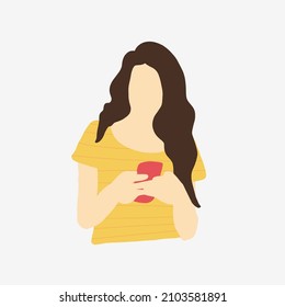 Woman with smartphones, communicates through social networks, conversations, blogs or surfing the internet. Woman holds mobile phone in her hands, vector silhouettes, flat shape silhouettes of people.