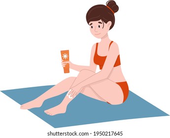 The woman is smeared with sunscreen. Self-care concept.