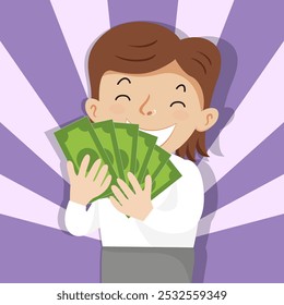 A woman smelled the aroma of the banknotes in her hand. Flat, Vector, Illustration, Cartoon, EPS10.   
