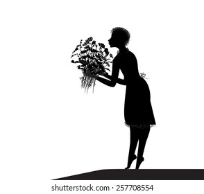 Woman smelling the bouquet of flowers, black and white, silhouette, shadows, vector.