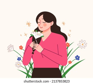 A woman is smelling flowers. Vector illustration of a woman in a flower garden.